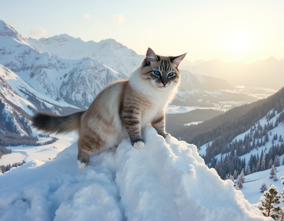 Cat climbs a snow-covered mountain, navigating the icy terrain with determination, surrounded by towering peaks and a breathtaking winter landscape.